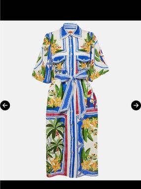 FARM Rio Blue, White & Green Tropical Midi Shirt Dress